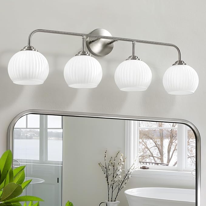 RUIYEY Bathroom Vanity Light Fixtures: 4-Lights Brushed Nickel Vintage Light Fixtures for Bathroom Above Mirror, Mid-Century Modern Wall Lights Indoor with Ribbed Lantern Frosted Milky Glass for Bath