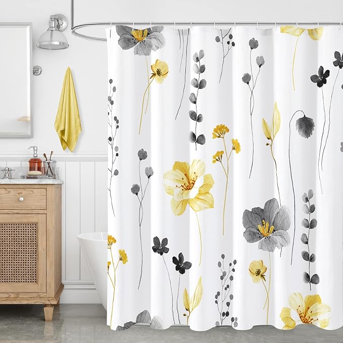 Yellow Beige Watercolor Floral Fabric Shower Curtain, 108x72 | Waterproof Fabric, Modern Minimalist Floral Print, Machine Washable, Rustproof Grommets, for Bathroom Home, Extra Wide