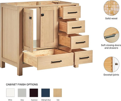 ARIEL Cambridge 36-inch Bathroom Vanity Base Cabinet,Solid Wood, 2 Soft Closing Doors, 5 Dovetail Drawers, White Oak
