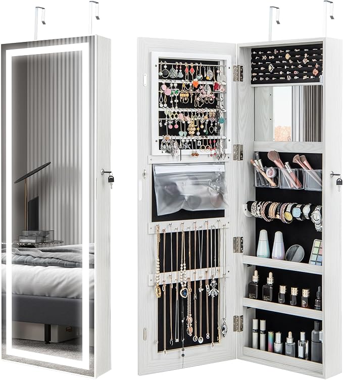 GOFLAME LED Mirror Jewelry Cabinet 47”, Wall/Door Mounted Full Length Mirror with Storage, 3-Color Lights, Interior Makeup Mirror, Lockable Jewelry Storage Organizer, Jewelry Armoire, White
