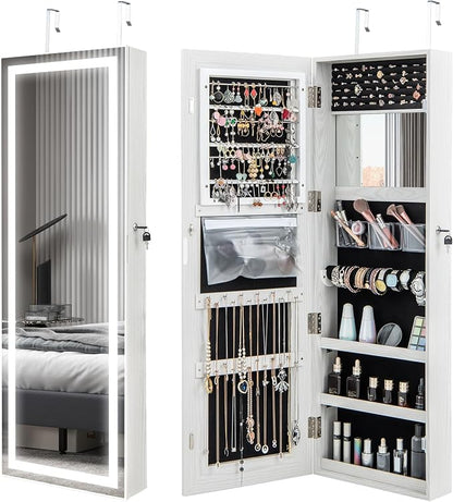 GOFLAME LED Mirror Jewelry Cabinet 47”, Wall/Door Mounted Full Length Mirror with Storage, 3-Color Lights, Interior Makeup Mirror, Lockable Jewelry Storage Organizer, Jewelry Armoire, White