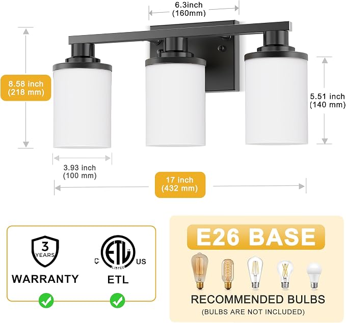 L LOHAS LED 3-Light Bathroom Vanity Light, Black | Milky White Frosted Glass Shades; Wall Sconce for Bathrooms and Bedrooms; ETL Listed