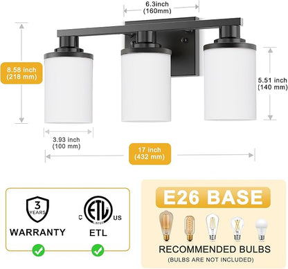 L LOHAS LED 3-Light Bathroom Vanity Light, Black | Milky White Frosted Glass Shades; Wall Sconce for Bathrooms and Bedrooms; ETL Listed