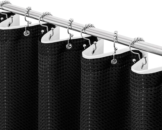 3 in 1 Black Shower Curtain with PEVA Liner, 12 Hooks, 72x72 | Luxury Weighted Fabric Shower Curtain Set, 12 Stainless Steel Double-Sided Hooks, Water Repellent, Bathroom Decor