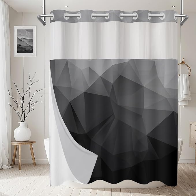 No Hook Shower Curtain with Snap in Liner Set, Black, 71x74 | Waterproof Fabric for Bathroom, Modern Hotel Style Ombre Design, Mesh Top Window, Machine Washable, Quick Install