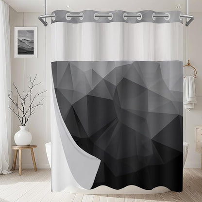 No Hook Shower Curtain with Snap in Liner Set, Black, 71x74 | Waterproof Fabric for Bathroom, Modern Hotel Style Ombre Design, Mesh Top Window, Machine Washable, Quick Install