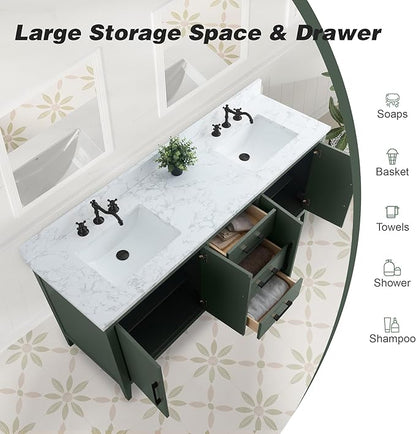 HomeBeyond 72 Inch Bathroom Vanity with Sink & Ceramic Top, Double Vanity Cabinet with Basin, Soft-Closing Doors & Matte Black Hardware, Vintage Green