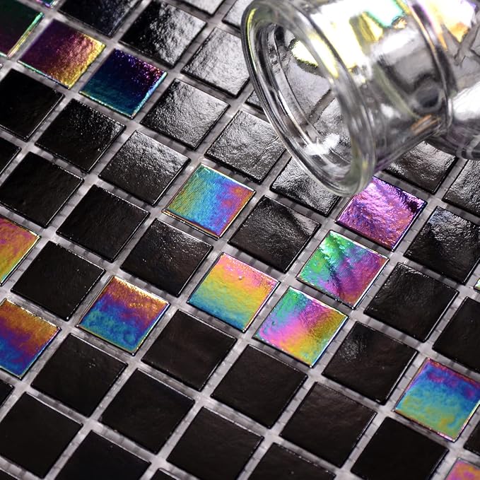 11.5 sq.ft Iridescent Black Glass Mosaic Tile for Bath, Pool, Backsplash | Waterproof Wall & Floor Tile. Heat & frost resistant outdoors. Mesh-mounted easy install. Use any grout. Easy clean. 10pcs.