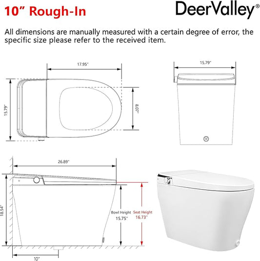 DeerValley Smart Toilet, One Piece Tankless Toilet with Built-in Bidet, 1.28GPF Auto Flush, Foot Kick, Warm Water, Heated Seat, Remote Control, 10" Rough-In Options
