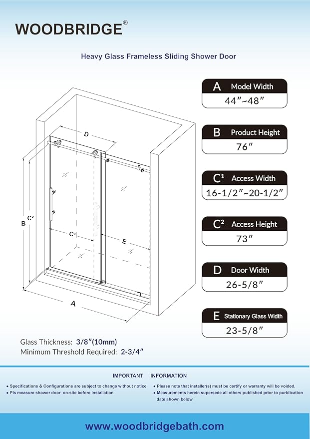 WOODBRIDGE Frameless Sliding Shower Door,44"-48" Width, 76" Height, 3/8" (10 mm) Clear Tempered Glass, Finish, Designed for Smooth Door Closing. Chrome