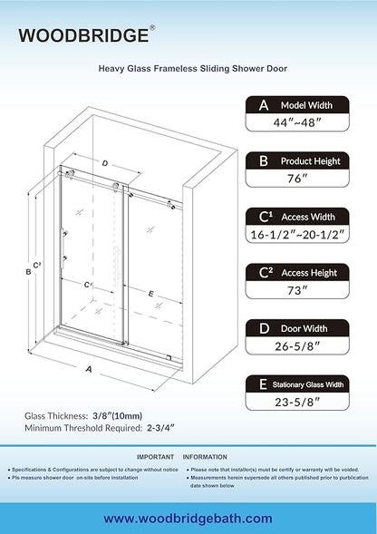 WOODBRIDGE Frameless Sliding Shower Door,44"-48" Width, 76" Height, 3/8" (10 mm) Clear Tempered Glass, Finish, Designed for Smooth Door Closing. Chrome