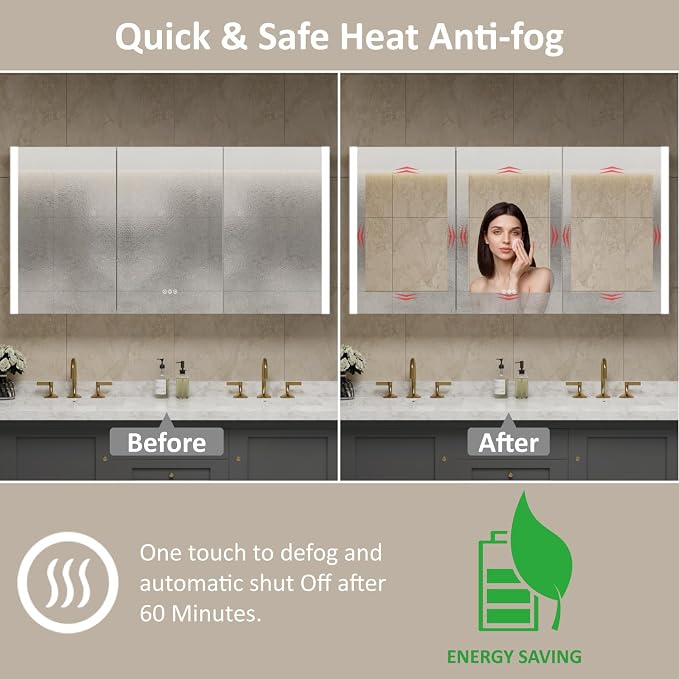 60 x 32 Inch Medicine Cabinet with Mirror and LED Light for Bathroom | Recessed, Wall-Mounted, Dimmable, Anti-Fog, Memory Function, 3 Color Mode, Outlet&USB, Adjustable Shelf, ETL Listed, Aluminum