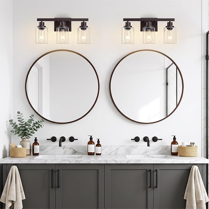 3 Light Bathroom Vanity Light,Oil Rubbed Bronze Vanity Lights 17" | Bronze Bathroom Light Fixtures over Mirror,with Clear Glass,Modern Wall Sconces for Bathroom,E26 Base