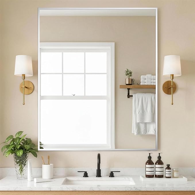 FICTOR Bathroom Vanity Mirror for Over Sink, 30" x 36", Silver | Anti-Rust Frame, Shatterproof Tempered Glass, Vertical/Horizontal Wall Mounted Mirror for Bedroom, Entryway, Living Room