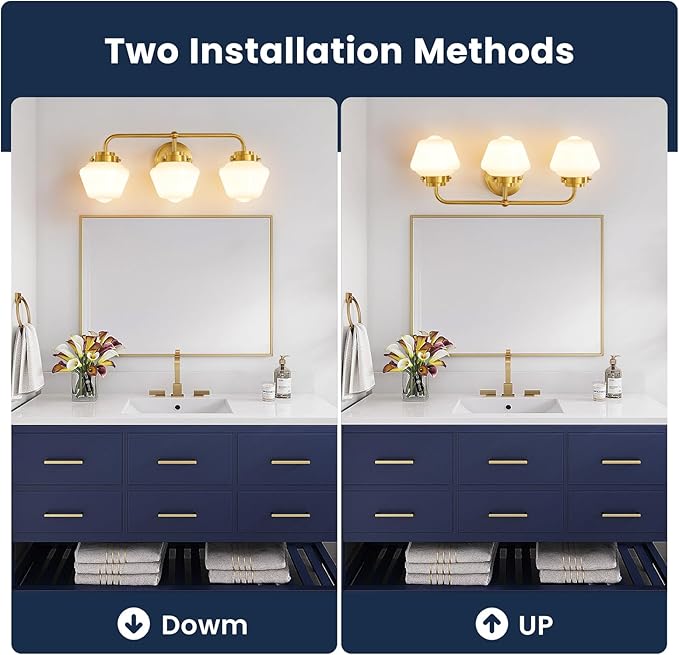 Bathroom Vanity Light Fixtures: 3-Lights Gold Vanity Lights Over Mirror, 17 Inch E26 60W Modern Bathroom Lighting Fixture with Milky White Glass for Bath Restroom