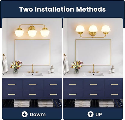 Bathroom Vanity Light Fixtures: 3-Lights Gold Vanity Lights Over Mirror, 17 Inch E26 60W Modern Bathroom Lighting Fixture with Milky White Glass for Bath Restroom