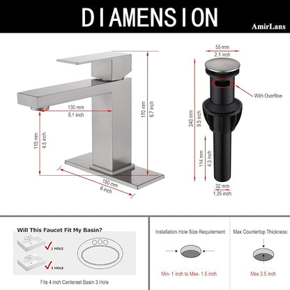 Single Hole Bathroom Faucet, Brushed Nickel Bathroom Sink Faucet | Single Handle 1 Hole Faucet for Bathroom Sink with Pop Up Stopper, Stainless Steel Vanity Faucet