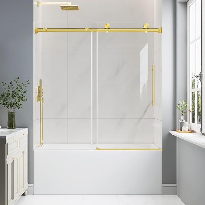 55-60" W x 60" H Bathtub Shower Door Frameless Brushed Gold | 1/4''(6mm) SGCC Tempered Glass,Explosion Proof Film,Nano Coating,Customizable width,Reversible installation,Easy to Clean
