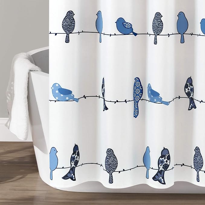 Lush Decor Rowley Birds Shower Curtain, 72” W x 72” L, Navy - Colorful Floral Bird Pattern - Whimsical & Playful Bird Shower Curtain - Farmhouse, Coastal, & Boho Bathroom Decor (Pack of 6)