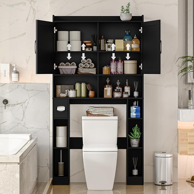 Vabches Over The Toilet Storage Cabinet with Barn Doors, Pure Black | Toilet Cabinet Rack, Space Saving Bathroom Organizer with Shelves, Toilet Paper Holder and Towel Rack for Bathroom,Laundry.