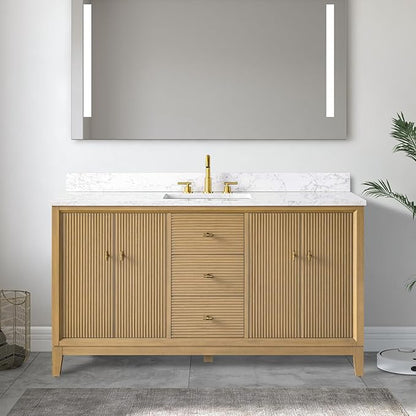Vanity Art 60" Bathroom Vanity with Single Sink & Arabescato White Engineered Stone Top, Vanity Cabinet with Soft Closing Door, Solid Wood Frame, Golden Brushed Handles, Natural Oak VA8160S-NO-GB
