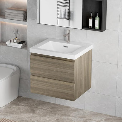 Pre-Assembled 24'' Floating Bathroom Vanity with Sink, Ash Grey | Wall-Mounted Bathroom Vanity with Solid Surface Top Basin, 2 Soft Close Drawers, Easy to Install & Clean