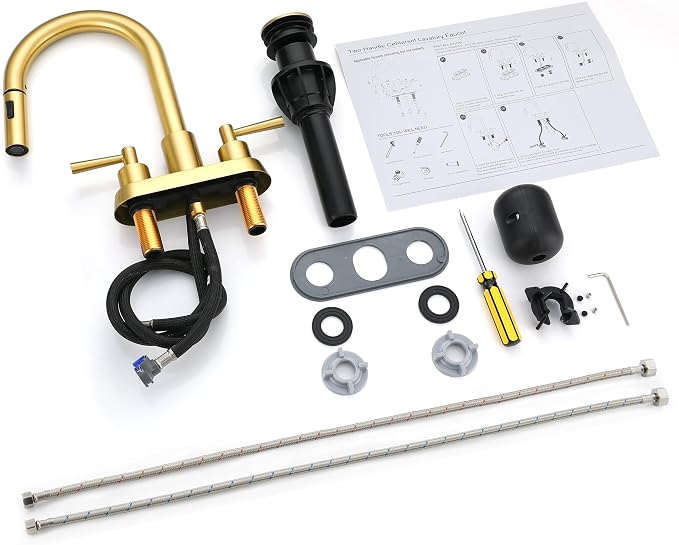 Bathroom Faucet with Pull Out Sprayer, 3 Holes Pull Down Gold Faucet | Stainless Steel Lead-Free, 4 Inch Centerset Vanity Faucet, 2 Handle, 3 Hole Gold Faucet for RV Laundry Restroom