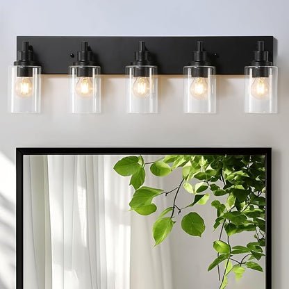LOUSACE 5 Light Bathroom Vanity Light, Matte Black Bathroom Light Fixtures Over Mirror, Modern Bathroom Lighting with Clear Glass Shade, Black Farmhouse Wall Sconces Lighting Fixture for Bedroom