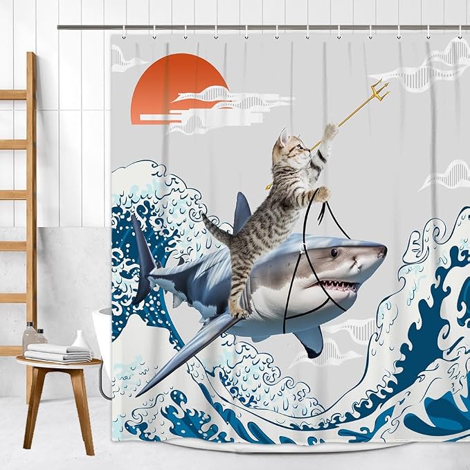Funny Cute Cat Shower Curtains,Japan Cat Shark with Ocean Sea Wave Shower Curtain for Bathroom,Japanese Cool Fabric Shower Curtain Set with Hooks Bath Decoration 72X72inches