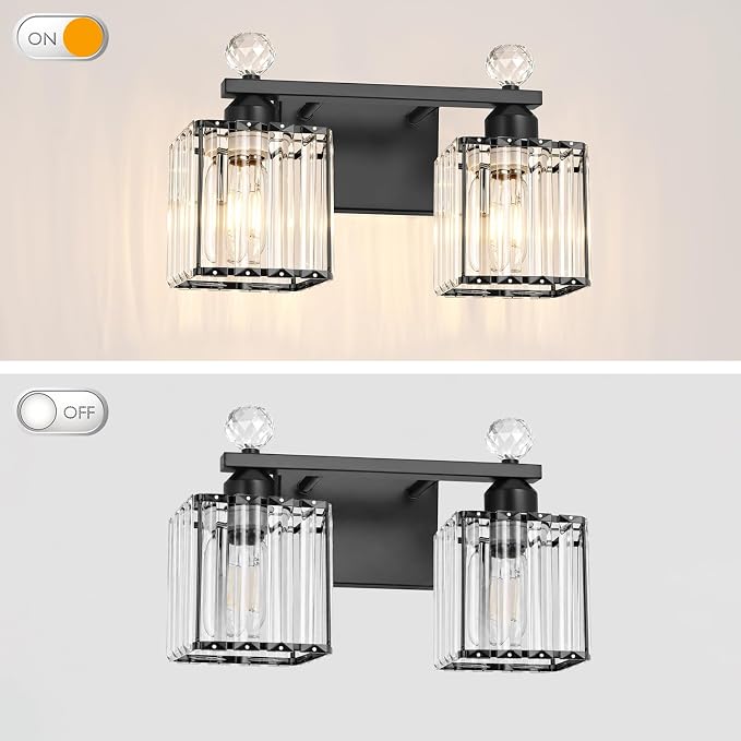 Lxybcce Modern 14In 2-Lights Bathroom Vanity Light, Crystal Bathroom Light Fixtures, Black Vanity Light Fixtures Over Mirror, Easy Installation & Shadow-Free Illumination for Bathroom Mirror Decor