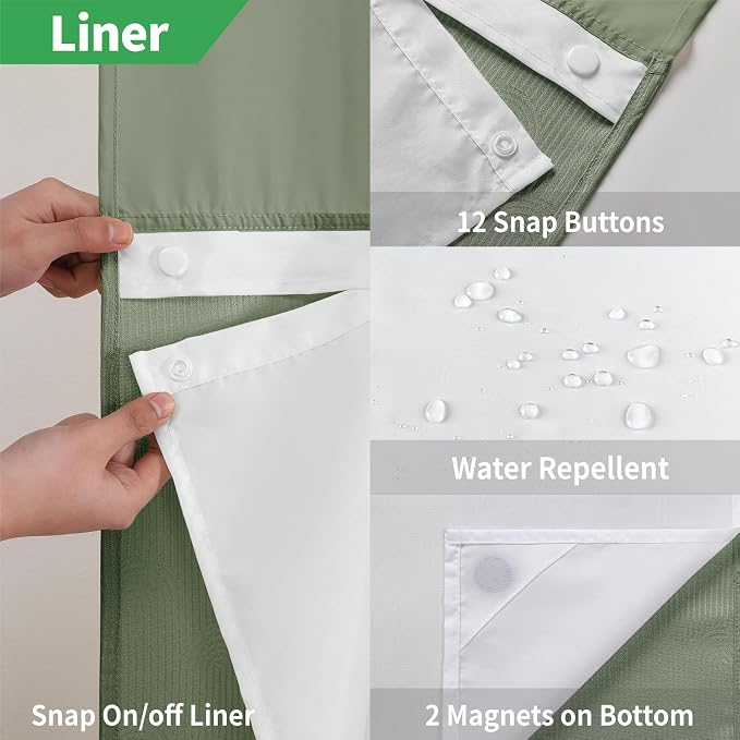 eachope No Hook Boho Arch Shower Curtain with Snap-in Liner Set,71x74,Green | 230GSM Thick Fabric,Easy to Install,Sheer Window,Magnetic Weighted Hem,Waterproof & Machine Washable,for Bathroom,Hotel