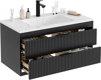 36 Inches Modern MDF Bathroom Vanity with Sink, Wall Mounted Floating Cabinets w/Double Drawers, Black Handles, White Resin Sink Combo Set (Black, 36")
