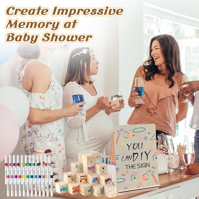 117 Pcs Baby Shower Blocks to Decorate Game Kit Includes 52 Wooden Blocks 24 Markers 1 Game Sign 40 Templates to Paint (Wood)