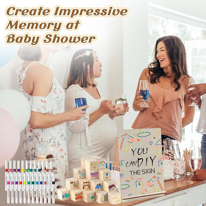 117 Pcs Baby Shower Blocks to Decorate Game Kit Includes 52 Wooden Blocks 24 Markers 1 Game Sign 40 Templates to Paint (Wood)