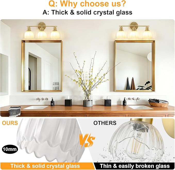 Bathroom Light Fixtures, 3-Light Brushed Gold Vanity Lights for Bathroom with White Tulip Glass Shade, 20" Vintage Bathroom Vanity Lighting Fixtures Over Mirror for Bedroom Living Room Hallway