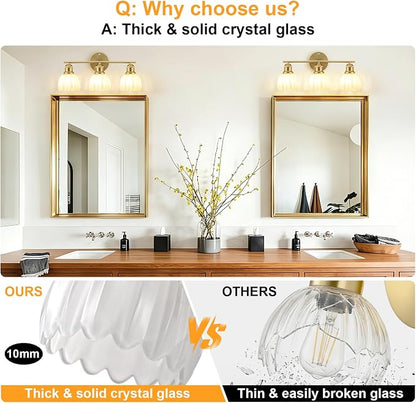 Bathroom Light Fixtures, 3-Light Brushed Gold Vanity Lights for Bathroom with White Tulip Glass Shade, 20" Vintage Bathroom Vanity Lighting Fixtures Over Mirror for Bedroom Living Room Hallway