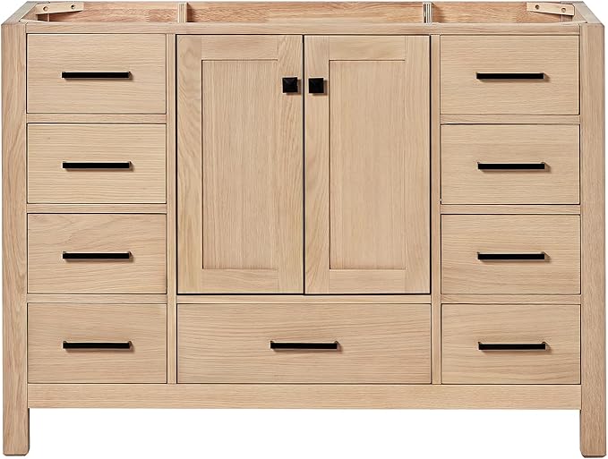 ARIEL Cambridge 48-inch Bathroom Vanity Base Cabinet,Solid Wood, 2 Soft Closing Doors, 9 Dovetail Drawers, White Oak