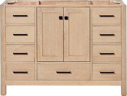 ARIEL Cambridge 48-inch Bathroom Vanity Base Cabinet,Solid Wood, 2 Soft Closing Doors, 9 Dovetail Drawers, White Oak