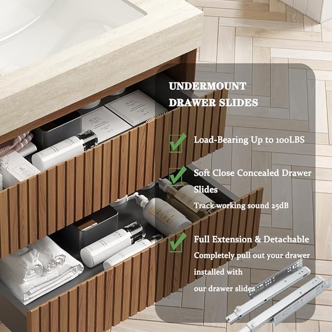 36" Bathroom Vanity with Sink, Modern Bathroom Floating Vanity with Travertine-Pattern Sintered Stone Top & Ceramic Undermount Basin, Pre-Assembled W/2 Drawers, Espresso
