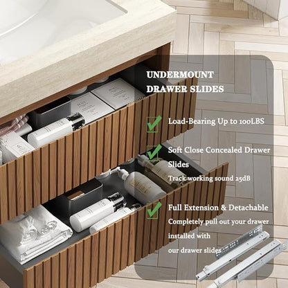 36" Bathroom Vanity with Sink, Modern Bathroom Floating Vanity with Travertine-Pattern Sintered Stone Top & Ceramic Undermount Basin, Pre-Assembled W/2 Drawers, Espresso