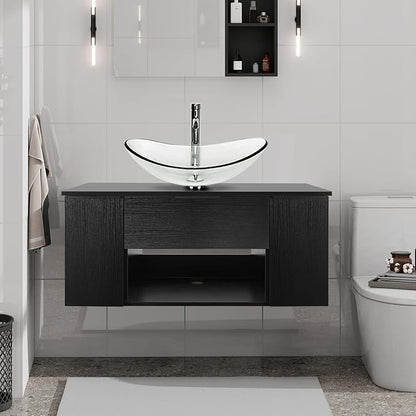 36 Inch Black Floating Bathroom Vanity with 2-Doors and 1-Drawer, Modern Wall Mounted Cabinet with Clear Boat Glass Vessel Sink