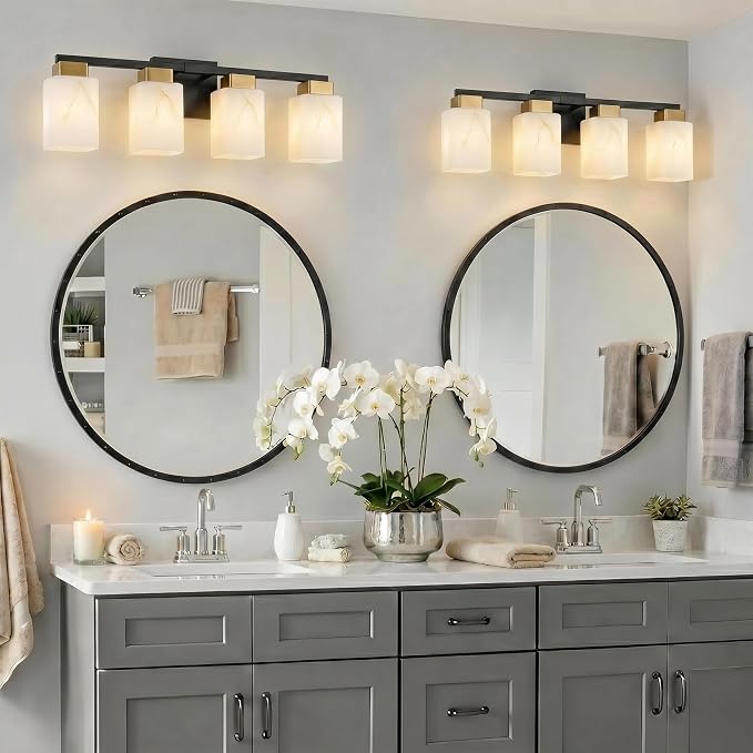 4-Light Square Bathroom Light Fixture, Black and Gold Modern Vanity Light with White Marble Glass Shade, for Bathroom Mirror, Living Room, Bedroom, Hallway, E26 Base