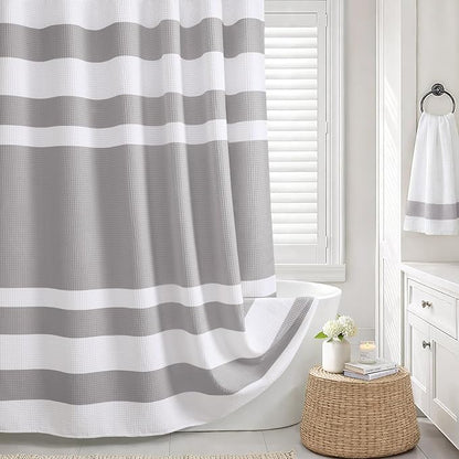 Grey Shower Curtain Cotton Waffle Stripe Shower Curtains for Bathroom 36"x72"