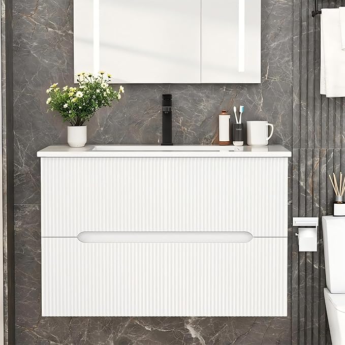 EROMMY 30 Inch Bathroom Vanity with Sink, Floating Bathroom Vanity with Ceramic Basin, Wall Mounted Fluted Bathroom Sink Cabinet Set with 2 Soft-Close Drawers, Faucet & Pop Up Drain, White