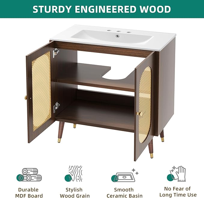 DWVO 36 Inch Rattan Vanity with Sink, Freestanding Bathroom Vanity Cabinet, Boho Style with 2 Large Soft-Closing Doors & Four-Sided Water Barrier Strip, Walnut