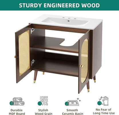DWVO 36 Inch Rattan Vanity with Sink, Freestanding Bathroom Vanity Cabinet, Boho Style with 2 Large Soft-Closing Doors & Four-Sided Water Barrier Strip, Walnut