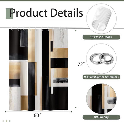 Black and Gold Abstract Shower Curtain Set, Modern Art Aesthetic Oil Painting Shower Curtain, Boho Neutral Artistic Fabric Waterproof Bathroom Curtains with 12PCS Hooks 60X72IN Brown Beige