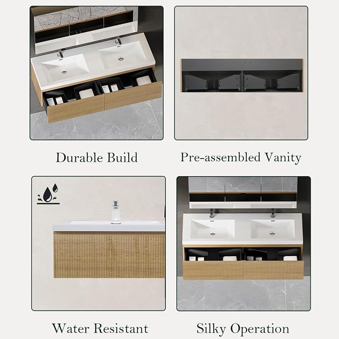 Floating Bathroom Vanity, 60" Wall Mounted Bathroom Cabinet with 2 Glossy White Stone Resin Sinks & U-Shaped Soft-Close Drawers, Pre-Assembled Striped Storage Vanity for Bathroom, Natural Wood