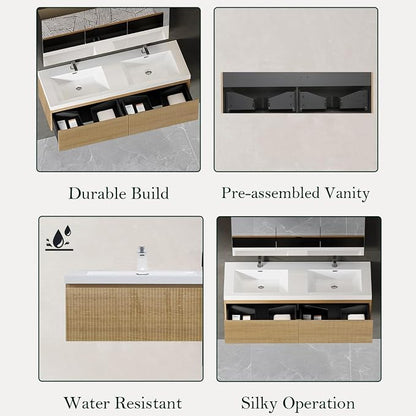 Floating Bathroom Vanity, 60" Wall Mounted Bathroom Cabinet with 2 Glossy White Stone Resin Sinks & U-Shaped Soft-Close Drawers, Pre-Assembled Striped Storage Vanity for Bathroom, Natural Wood