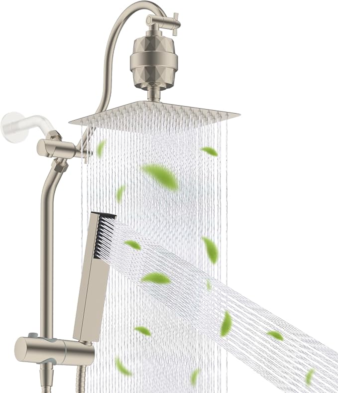 Hibbent 10'' Filtered Showerhead with 4-mode Handheld Spray, Brushed Nickel | High Pressure Showerhead Combo, 12'' Adjustable Extension Arm, Shower Filter, Extension Bar, Easy Reach Holder, 71'' Hose